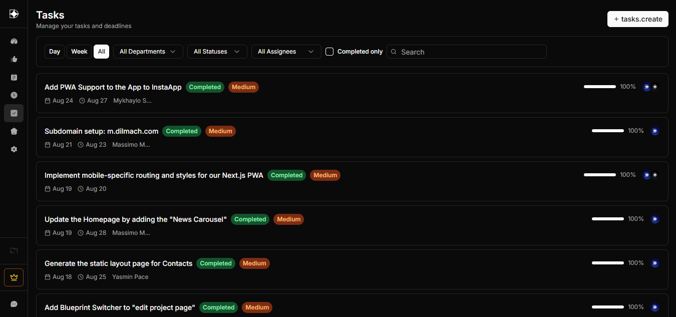 Tasks management interface dilmach.com
