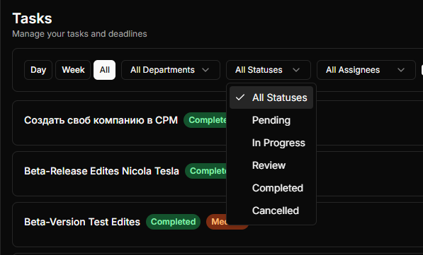 Top toolbar: Task Statuses at Dilmach.com