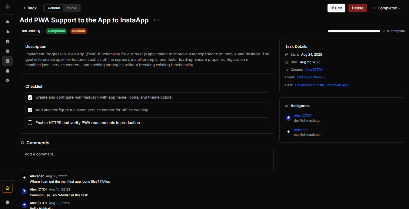 Detail Task page interface at Dilmach.com