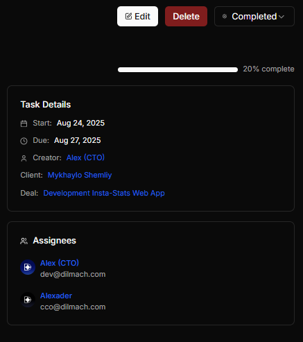 Dilmach.com Task management details