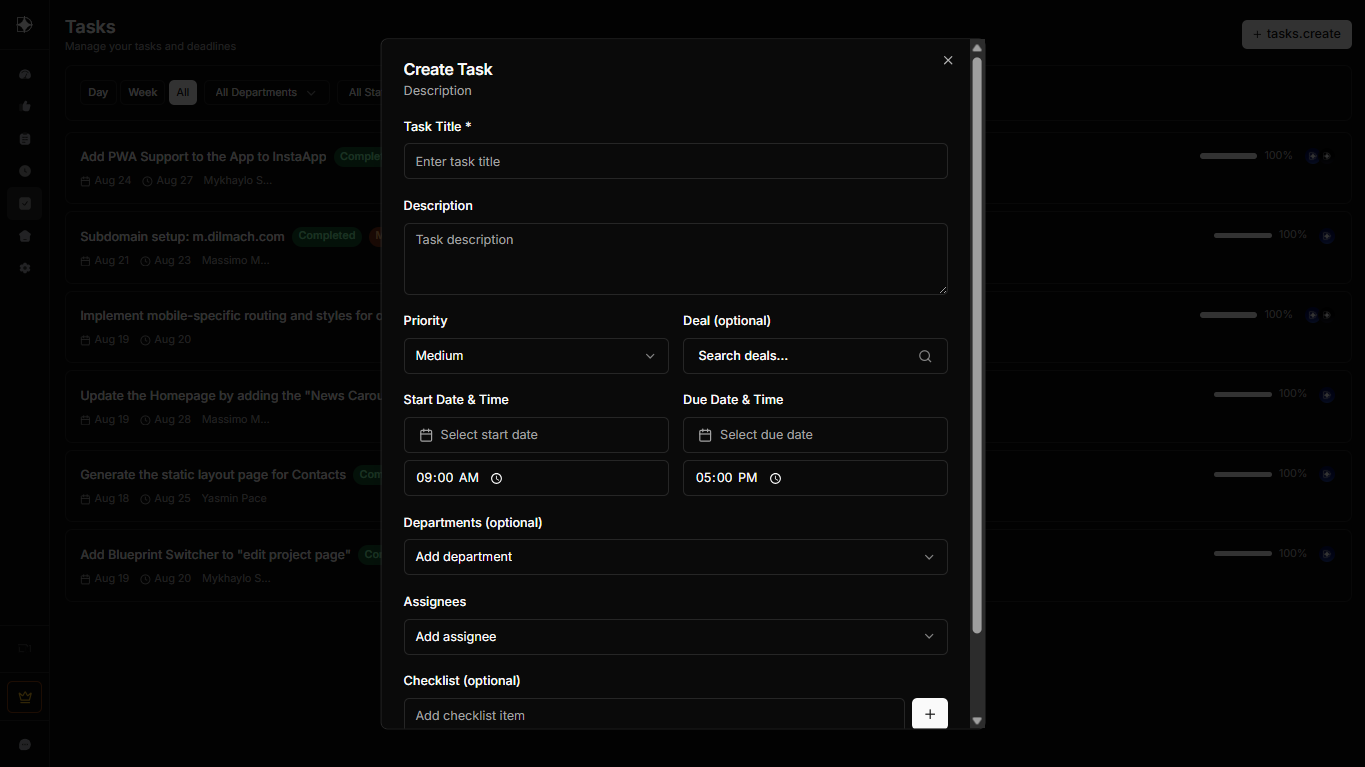 Create New Task Flow guide at Dilmach CRM
